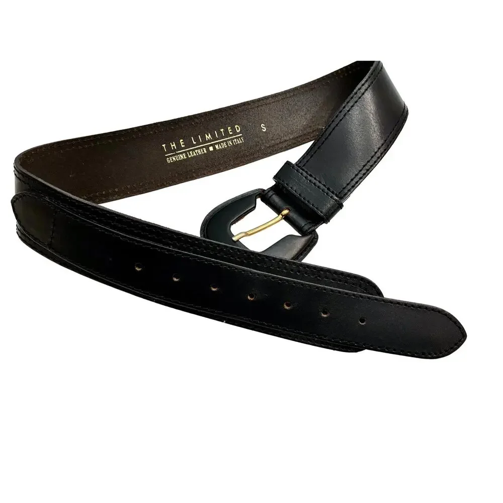 Vintage 80s The Limited Black Leather Belt Made in Italy Sz S Wide 27-33”
